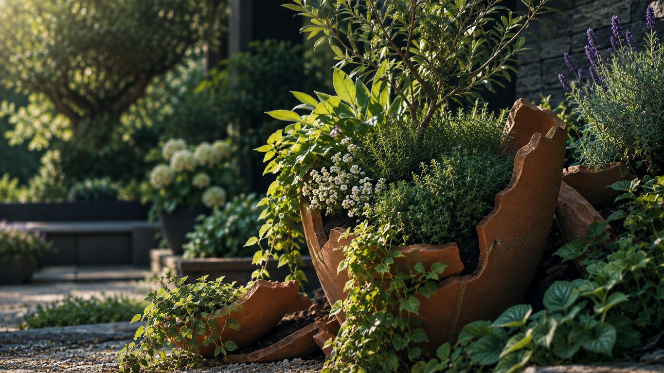 Pot en terre cuite brisé, envahi de plantes aromatiques et de lierre, au bord d'une allée de gravier