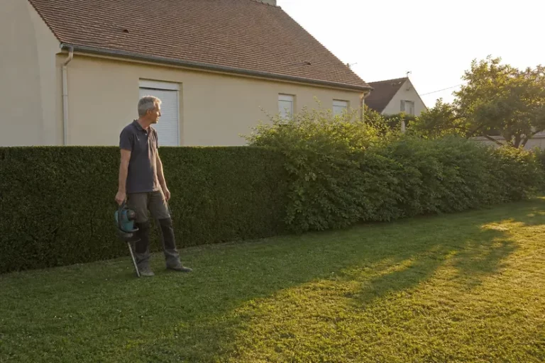 Homme aux cheveux gris debout devant une haie de charmille taillée net sur la moitié de sa longueur, taille-haie à l'arrêt tenu le long de la jambe, dans le jardin d'un pavillon en fin de journée.