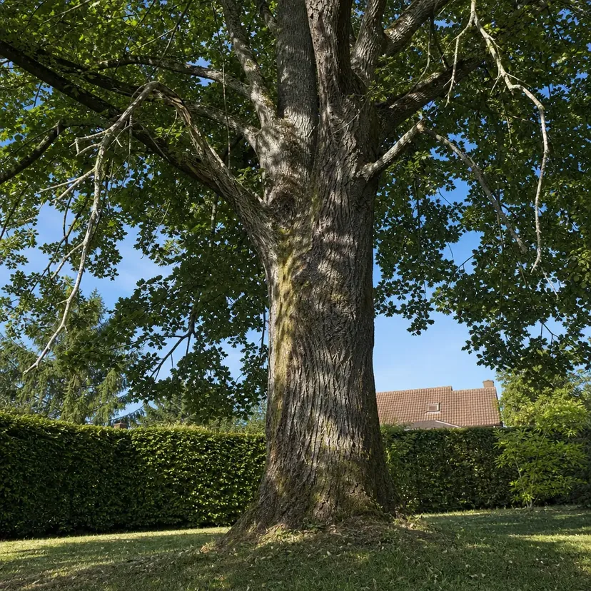 Grand arbre de jardin vu depuis le sol, tronc large et premières branches maîtresses très au-dessus du sol, quelques branches mortes dans le feuillage.