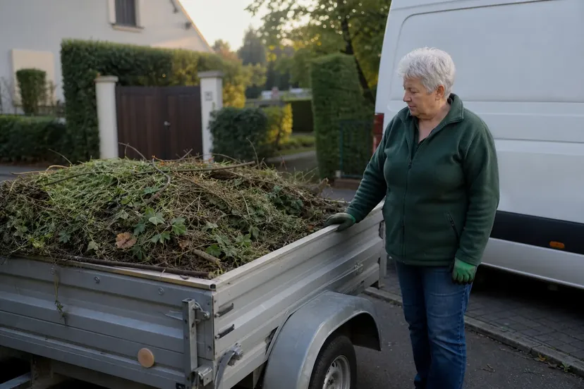 Femme aux cheveux blancs debout près d'une remorque chargée de branches et d'herbe coupée, une main posée sur la ridelle, devant le flanc uni d'un fourgon utilitaire.