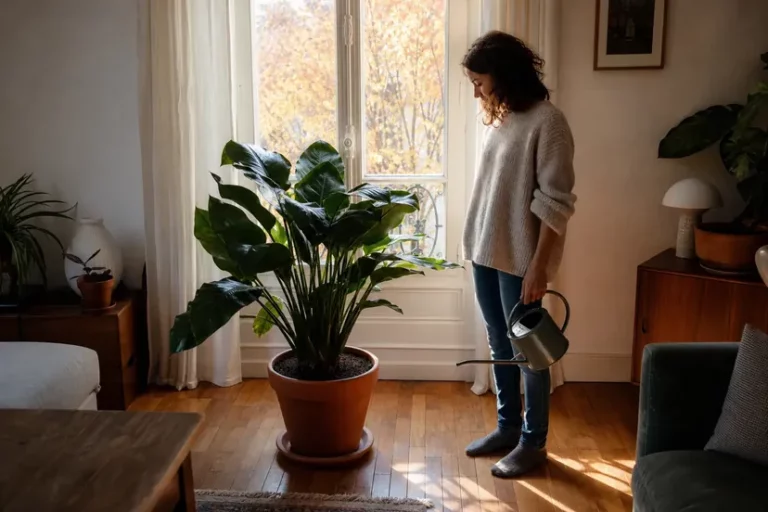 Femme d'une trentaine d'années debout près d'une grande plante verte en pot devant une fenêtre, petit arrosoir tenu à l'arrêt le long de la jambe, le regard sur la surface du terreau.