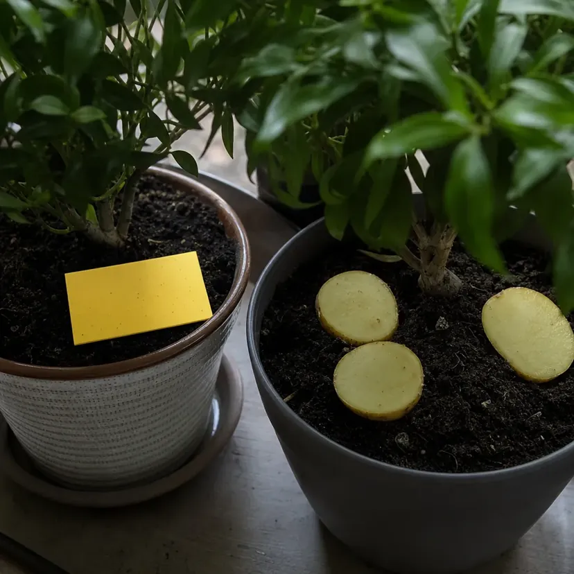 Petit rectangle de carton jaune posé à plat sur le terreau d'une plante d'intérieur, et rondelles de pomme de terre posées à la surface du pot voisin.