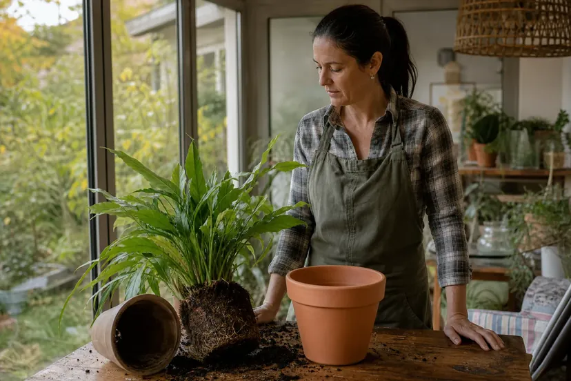 Femme d'environ quarante-cinq ans debout à une table de véranda, une plante verte sortie de son pot, la motte de racines à nu posée devant elle à côté d'un pot vide.