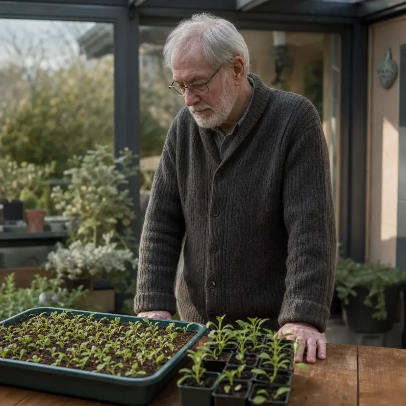 Homme âgé à lunettes et barbe blanche debout devant une terrine de semis et des godets de jeunes plants posés sur une table de véranda, le regard sur les pousses.