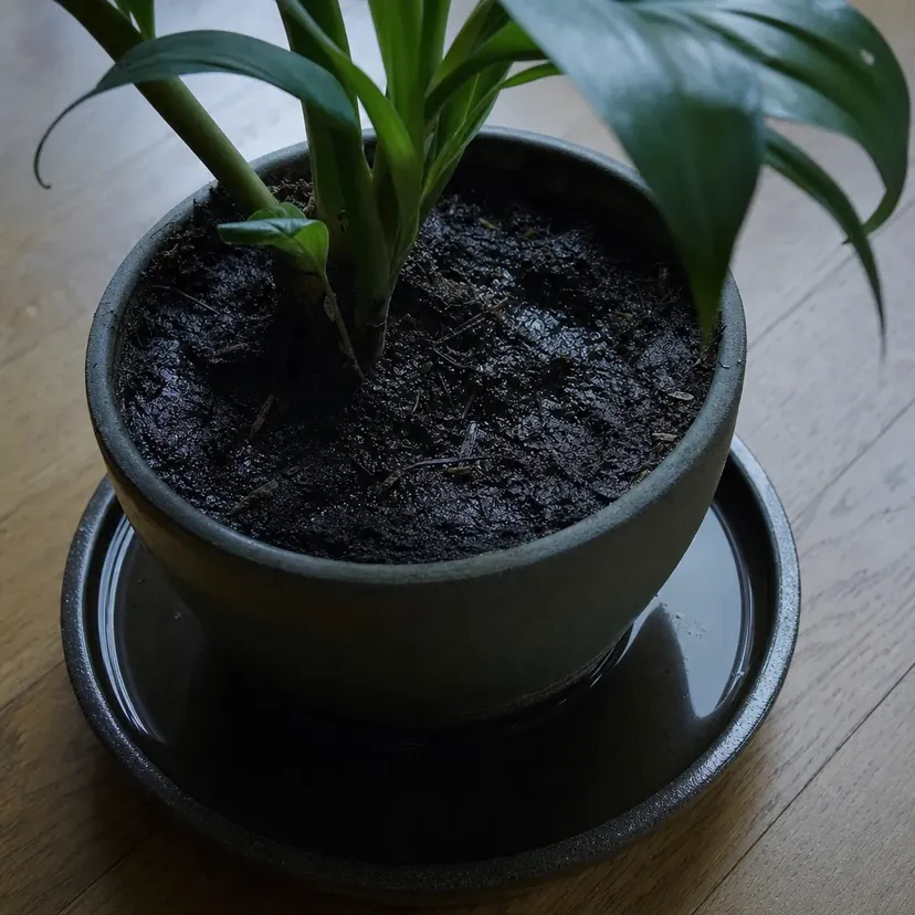 Surface sombre et détrempée du terreau d'une plante d'intérieur en pot posé au sol, eau stagnante dans la soucoupe, premières feuilles en haut du cadre.