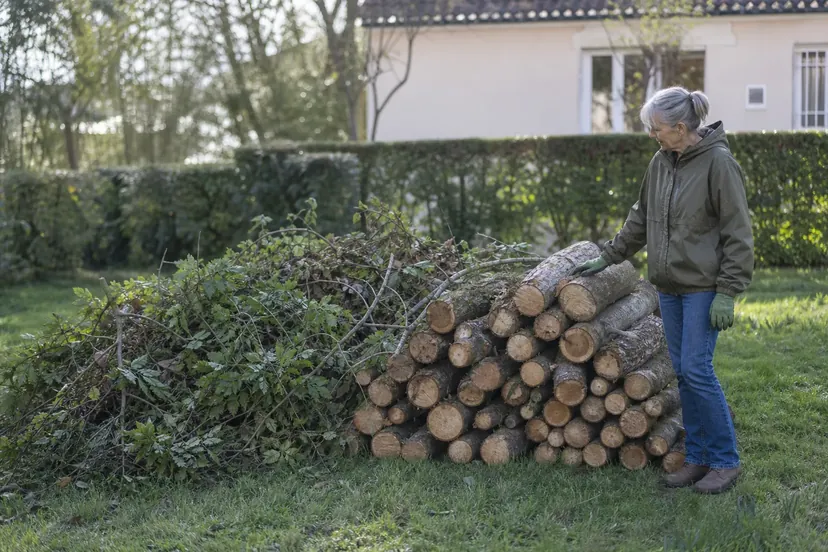 Femme aux cheveux gris en coupe-vent kaki debout à côté d'un tas de rondins tronçonnés et d'une pile de branches coupées, une main posée sur le rondin du dessus.
