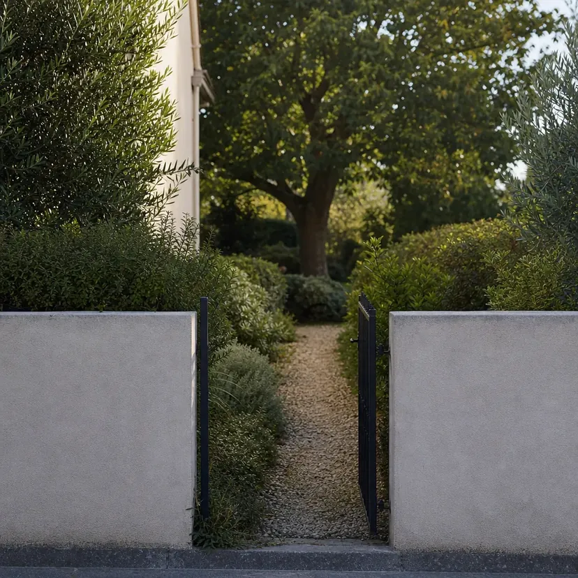 Portillon étroit ouvert entre deux murs bas, donnant sur une allée de gravier bordée d'arbustes qui mène à un grand arbre au fond du jardin.