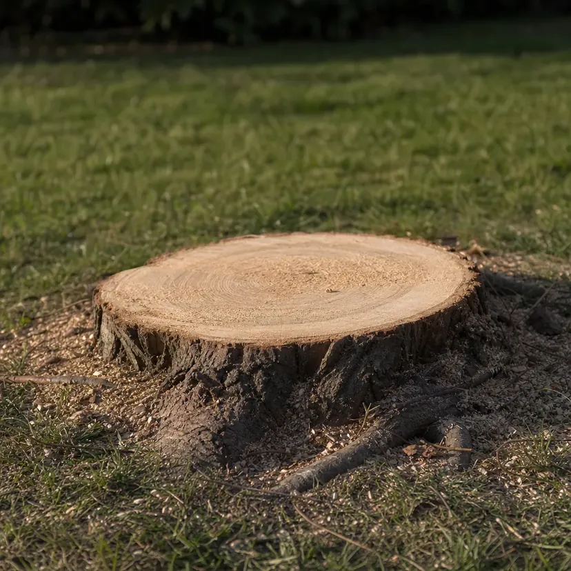 Souche d'arbre fraîchement coupée au milieu d'une pelouse, surface de coupe claire, sciure retombée sur l'herbe et racines qui affleurent.