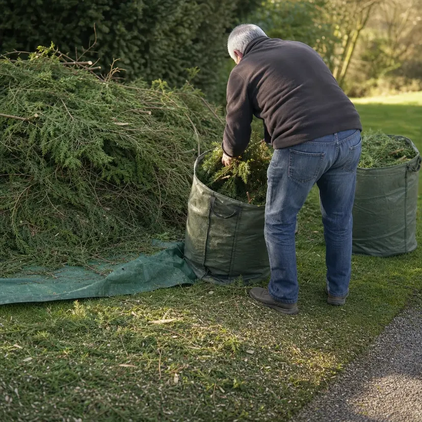 Homme aux cheveux gris, vu de dos, penché pour poser une brassée de branchages de thuya dans un sac de jardin, à côté d'un tas sur une bâche.