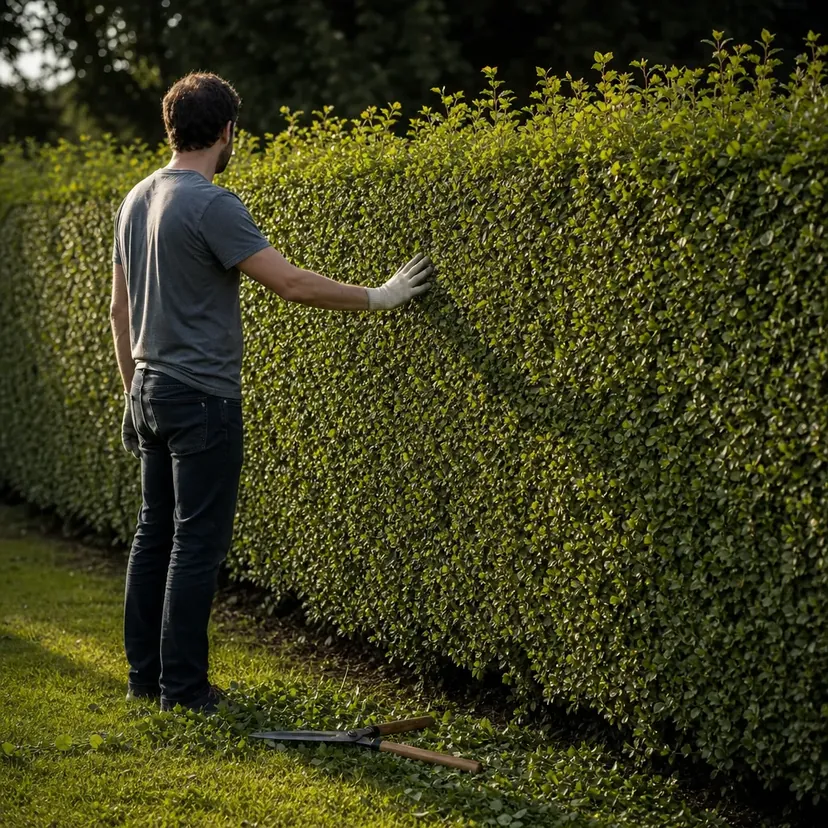 Homme vu de dos, main gantée posée à plat sur la face taillée d'une haie de charme dont le dessus dépasse encore, cisaille posée dans l'herbe.
