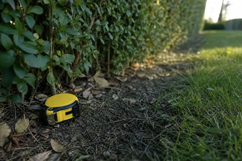 Ruban de mesure jaune enroulé, posé dans l'herbe au pied d'une haie de troène taillée droite.