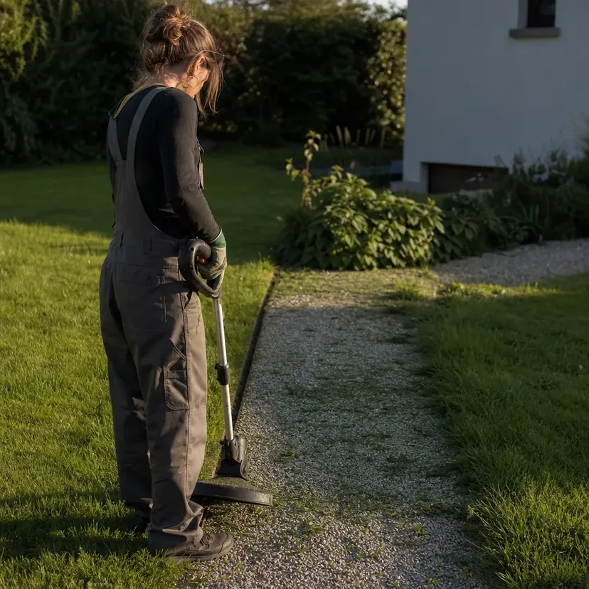 Femme en salopette au bord d'une allée gravillonnée, tête baissée vers la bordure, coupe-bordure à l'arrêt tenu à la verticale, l'herbe coupée net le long des gravillons.