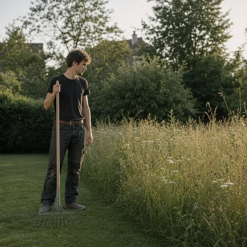 Jeune homme debout sur la bande tondue, râteau tenu à la verticale, le regard tourné vers une zone d'herbe haute montée en graines.