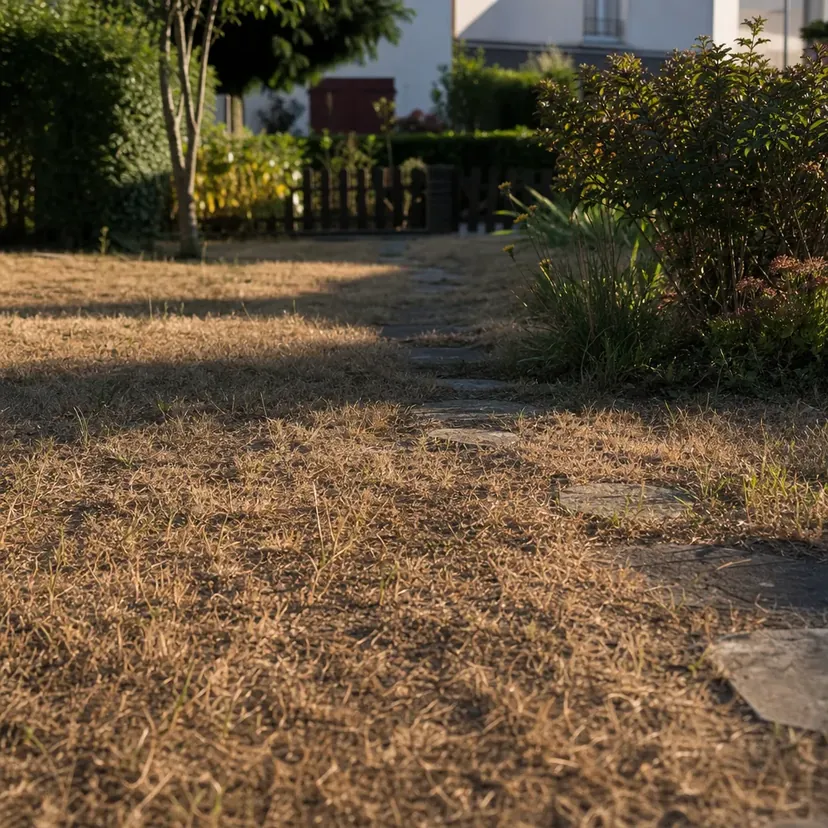 Pelouse de pavillon jaunie par la sécheresse en plein été, terre nue visible entre les touffes, ombres longues de fin d'après-midi.