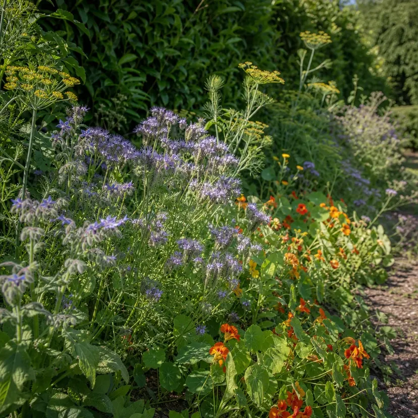 Bande fleurie de phacélie mauve, de bourrache, d'ombelles jaunes d'aneth ou de fenouil et de capucines orange le long d'une allée, devant une haie.