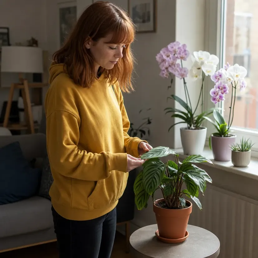 Jeune femme rousse en sweat moutarde qui soulève une feuille d'une plante verte en pot posée seule sur une petite table, près d'un rebord de fenêtre garni d'orchidées en fleurs.