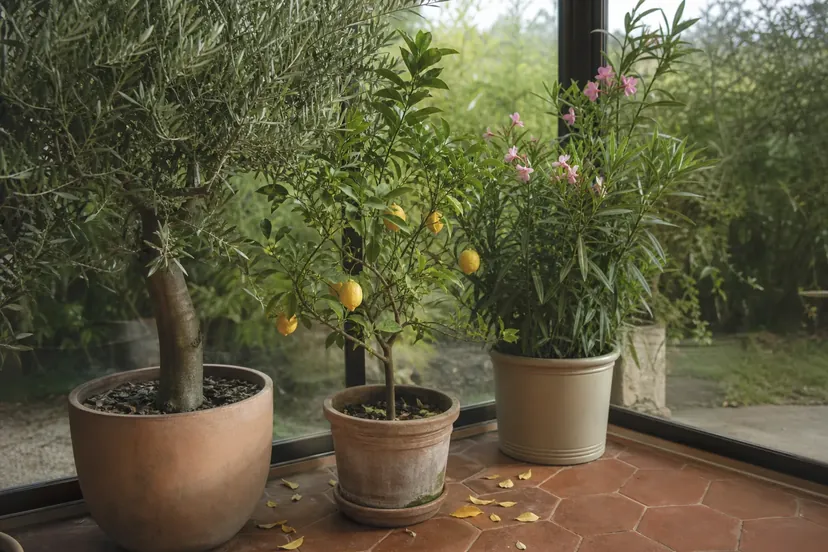 Olivier, citronnier portant des citrons et laurier-rose en fleurs dans de grands pots, sur un sol de tomettes au pied des vitres d'une véranda, quelques feuilles jaunies tombées au sol.