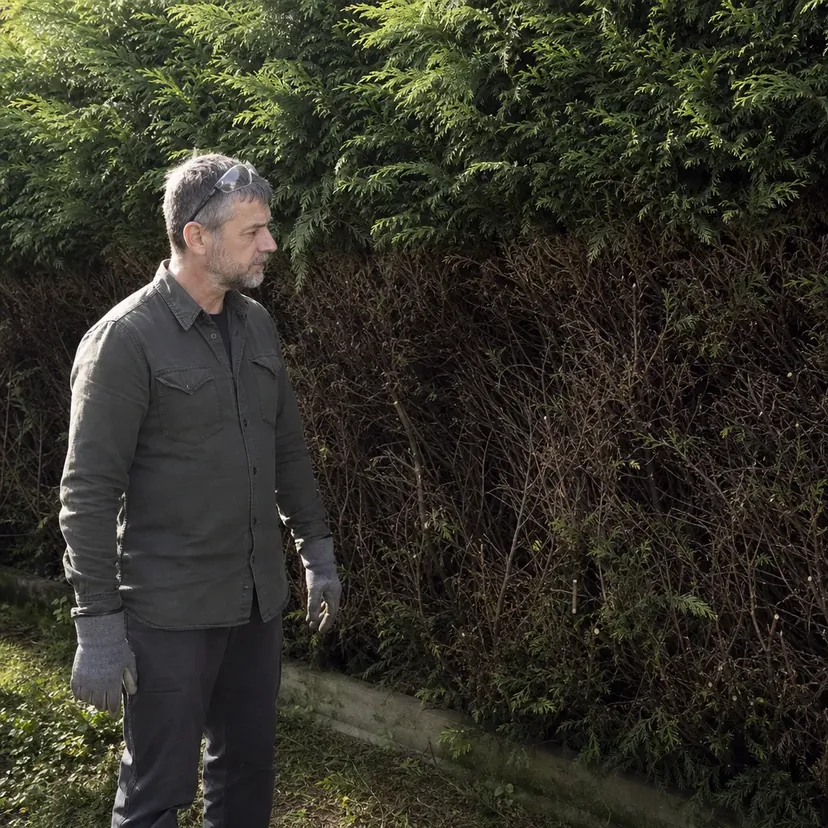 Homme en chemise à manches longues, gants et lunettes de protection remontées sur le front, debout devant une haie de thuyas dont une large zone est brune et dénudée à mi-hauteur.