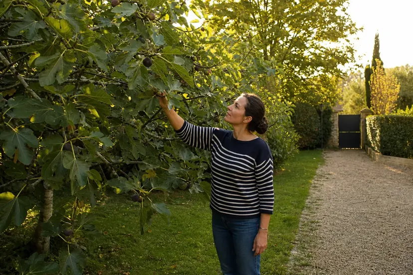 Femme en pull marin rayé bleu et blanc, cheveux noués en chignon, debout sous un grand figuier aux larges feuilles lobées chargé de figues, une main levée vers une branche, au bord d'une allée gravillonnée, dans la lumière dorée de fin de journée.
