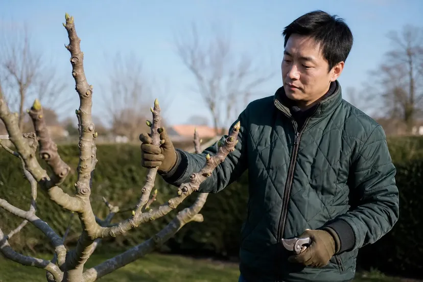 Homme en veste matelassée vert sapin et gants de jardin, debout près d'un figuier sans feuilles, une main sur un rameau trapu aux bourgeons verts, un sécateur fermé dans l'autre main, sous un ciel clair d'hiver.
