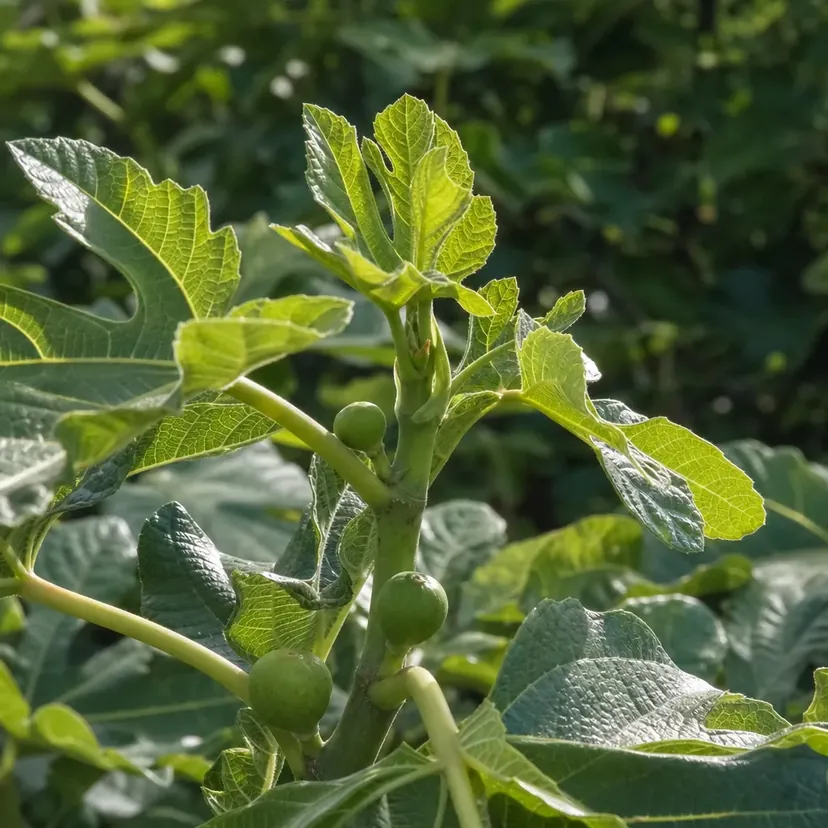 Extrémité d'une jeune pousse de figuier aux grandes feuilles lobées, avec plusieurs petites figues vertes le long de la tige, au soleil.