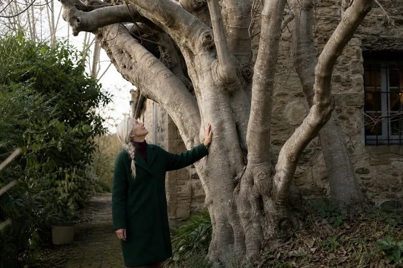 Femme âgée aux longs cheveux blancs tressés, en manteau vert bouteille, une main posée sur le tronc gris et lisse d'un très vieux figuier sans feuilles à plusieurs troncs, qui lève les yeux vers la ramure, contre le mur en pierre d'une maison.