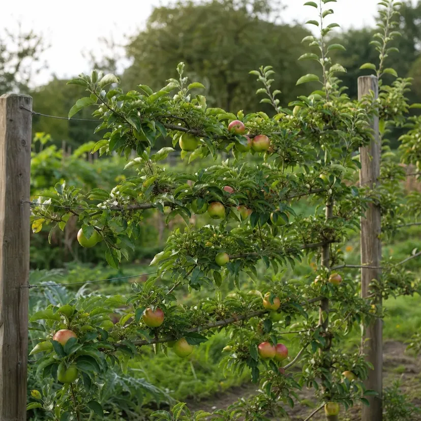 Pommier en espalier aux branches horizontales attachées à des fils tendus entre deux poteaux de bois, chargé de pommes vertes et rougissantes, avec de longues pousses feuillues qui dépassent vers le haut, dans un potager.