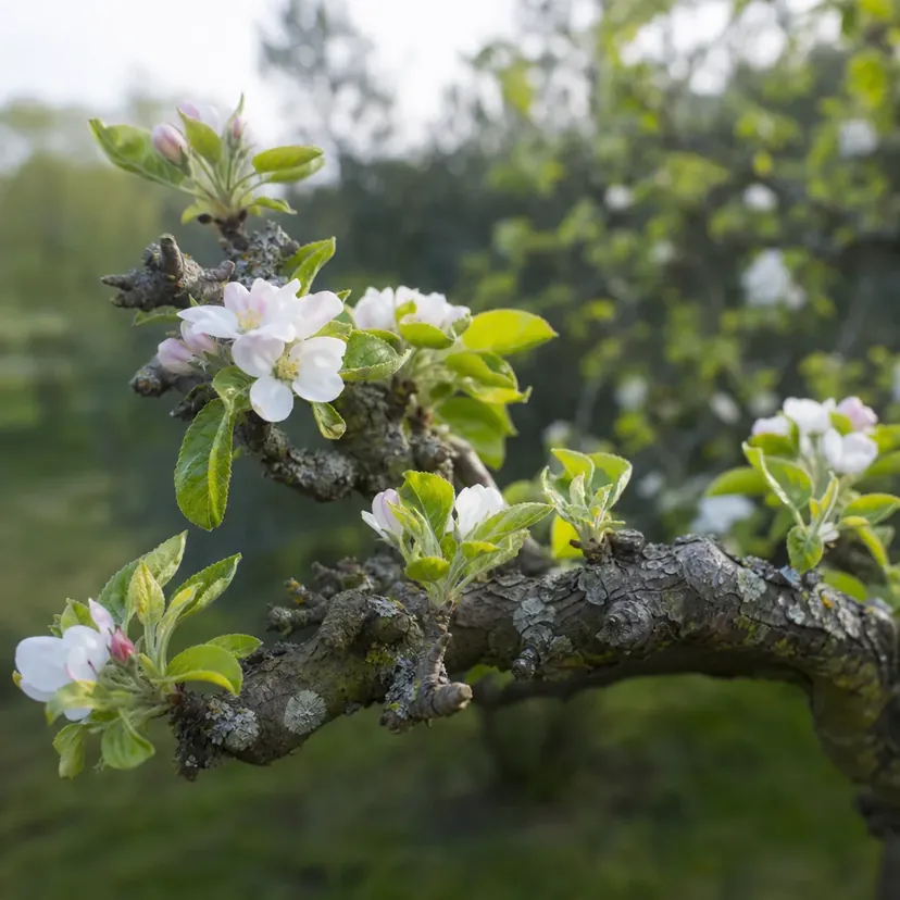 Vieille branche de pommier à l'écorce grise couverte de lichen, dont les rameaux courts et noueux portent des bouquets de fleurs blanc rosé et de jeunes feuilles.