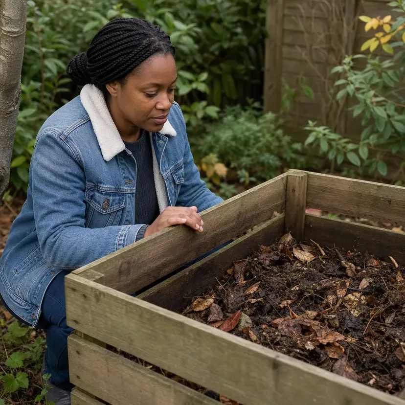 Femme aux cheveux tressés en veste en jean doublée, accroupie devant un bac à compost en planches de bois, une main sur le rebord, qui regarde le compost brun couvert de feuilles mortes.