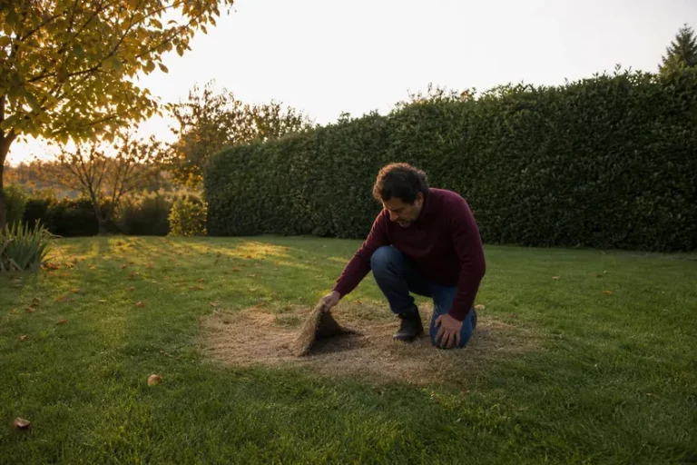 Homme en pull bordeaux, à genoux au milieu d'un rond de gazon jauni sur une pelouse verte, qui soulève un pan d'herbe sèche pour regarder la terre dessous, devant une haie haute et un arbre aux feuilles d'automne.