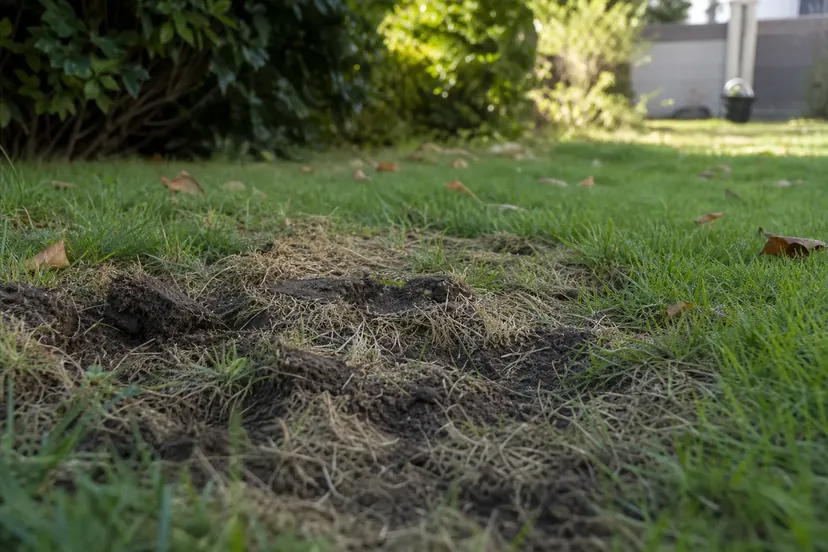 Pelouse vue au ras du sol, où un pan de gazon jauni est arraché et retourné en mottes, laissant la terre à nu entre les touffes d'herbe verte et quelques feuilles mortes.