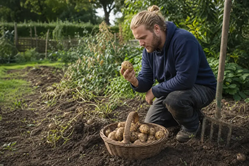 Jeune homme blond aux cheveux attachés en chignon, en sweat bleu marine, accroupi dans un rang de potager fraîchement arraché, une pomme de terre à la main, près d'un panier en osier plein de tubercules et d'une fourche plantée dans la terre.