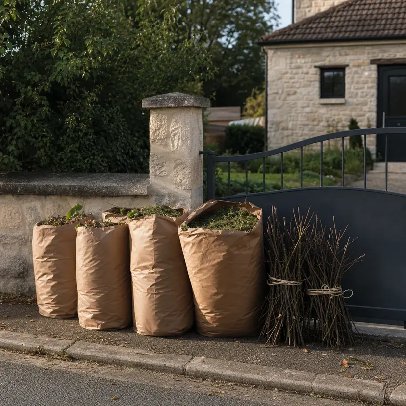 Quatre grands sacs en papier kraft remplis de tonte et de feuilles, et deux fagots de branches ficelés, posés sur le trottoir devant un muret en pierre et un portail sombre.