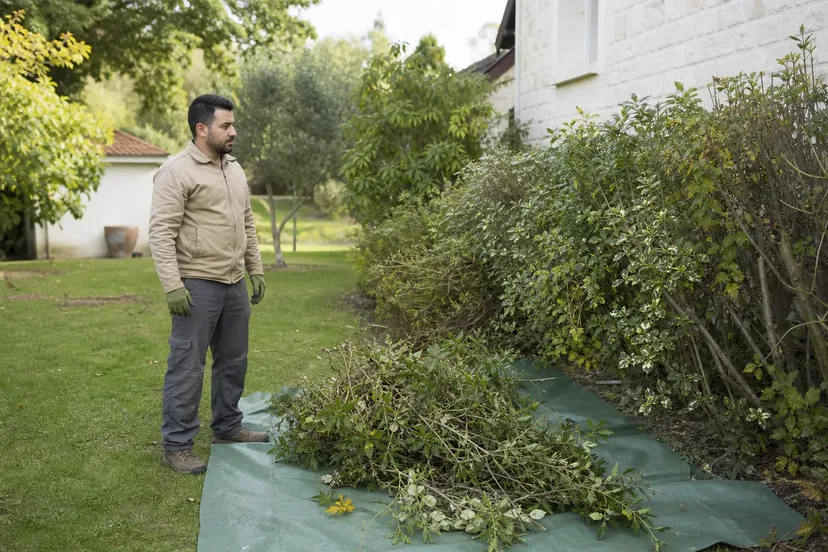 Homme barbu en veste de travail beige et gants verts, debout sur une pelouse, qui regarde un massif d'arbustes le long d'un mur en pierre, devant une bâche verte couverte de branches coupées.