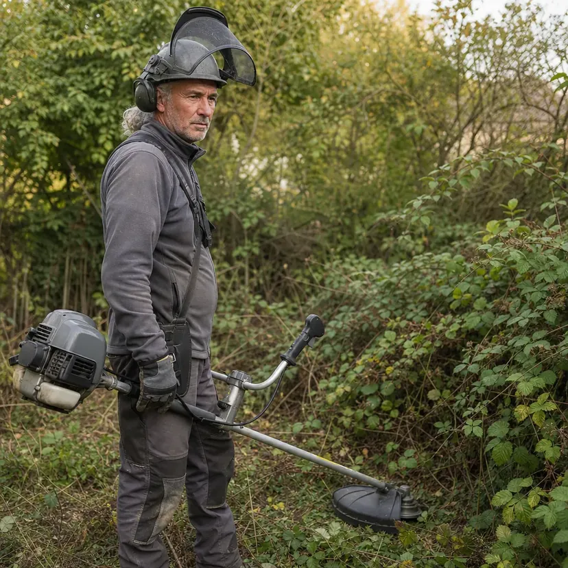 Homme aux cheveux blancs attachés, casque à visière relevée et protège-oreilles, gants et pantalon de travail, debout au bord d'un roncier avec une débroussailleuse thermique harnachée, moteur à l'arrêt et tête de coupe posée au sol.