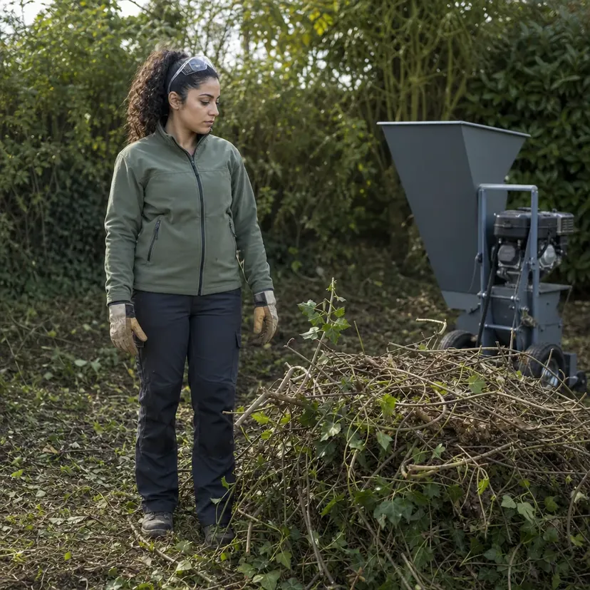 Femme aux cheveux noirs bouclés attachés, en veste vert sauge, gants et lunettes de protection relevées sur la tête, debout devant un tas de ronces et de branchages coupés, à côté d'un broyeur de végétaux à l'arrêt.