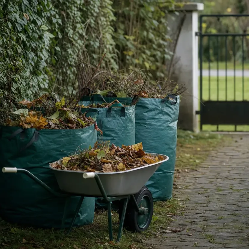 Grands sacs de jardin verts remplis de feuilles mortes et de branchages, alignés contre un mur de lierre près d'un portail, avec une brouette pleine de feuilles au bord d'une allée pavée.