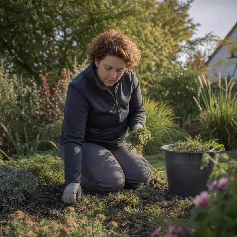 Femme aux cheveux auburn courts et bouclés, en veste sombre et gants clairs, à genoux dans un massif, une poignée d'herbes arrachées à la main, à côté d'un seau rempli d'herbes.