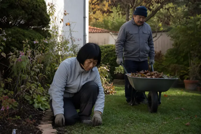 Deux jardiniers dans un même jardin : une femme aux cheveux noirs au carré, en polaire grise, à genoux au bord d'un massif bordé de briques, et derrière elle un homme moustachu en bonnet bleu marine qui tient une brouette chargée de feuilles.