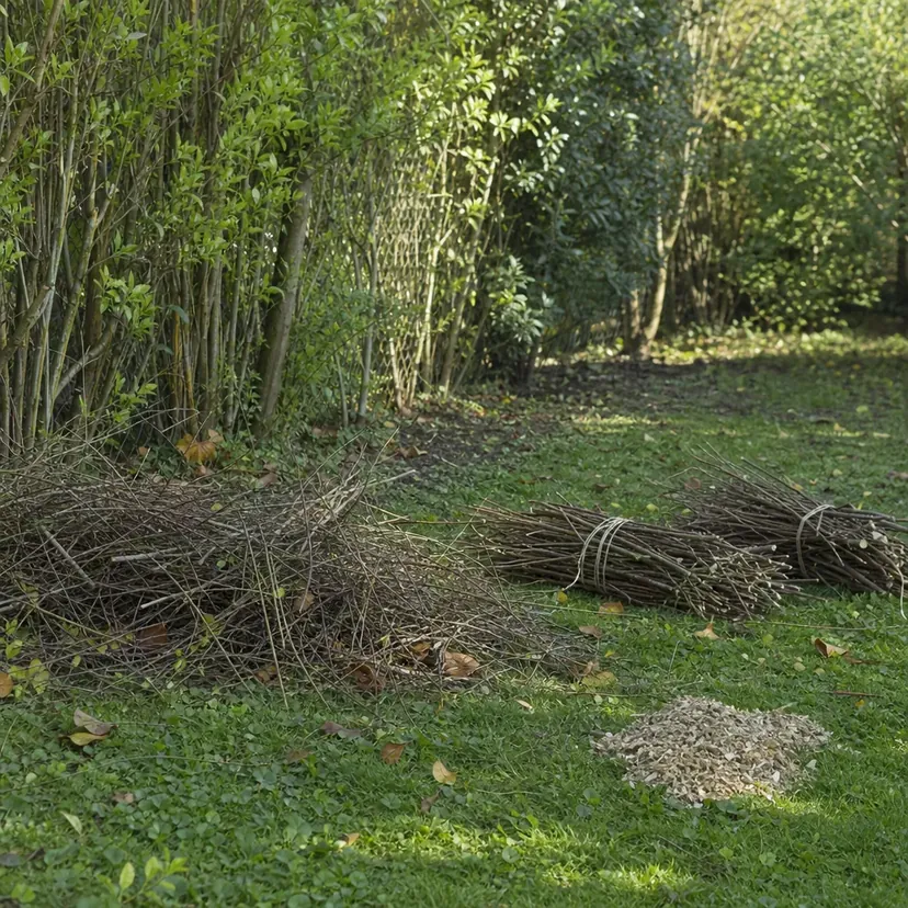 Au pied d'une haie, sur une pelouse parsemée de feuilles, un tas de branchages fins, deux fagots de branches liés par une ficelle et un petit tas de broyat de bois clair.