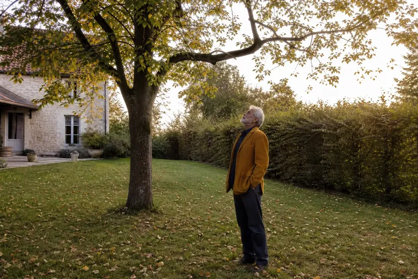 Homme aux cheveux et à la barbe blancs, en veste moutarde, debout sur une pelouse semée de feuilles mortes, qui lève les yeux vers les branches d'un grand arbre isolé, devant une longue haie haute et une maison en pierre claire.