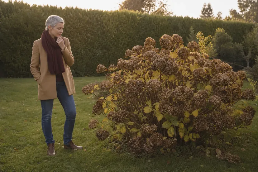 Femme aux cheveux gris argent coupés très court, en manteau camel et écharpe bordeaux, debout sur une pelouse, une main au menton, qui regarde un grand hortensia aux têtes de fleurs sèches et brunes et aux feuilles jaunissantes, devant une haie, en fin de journée d'automne.