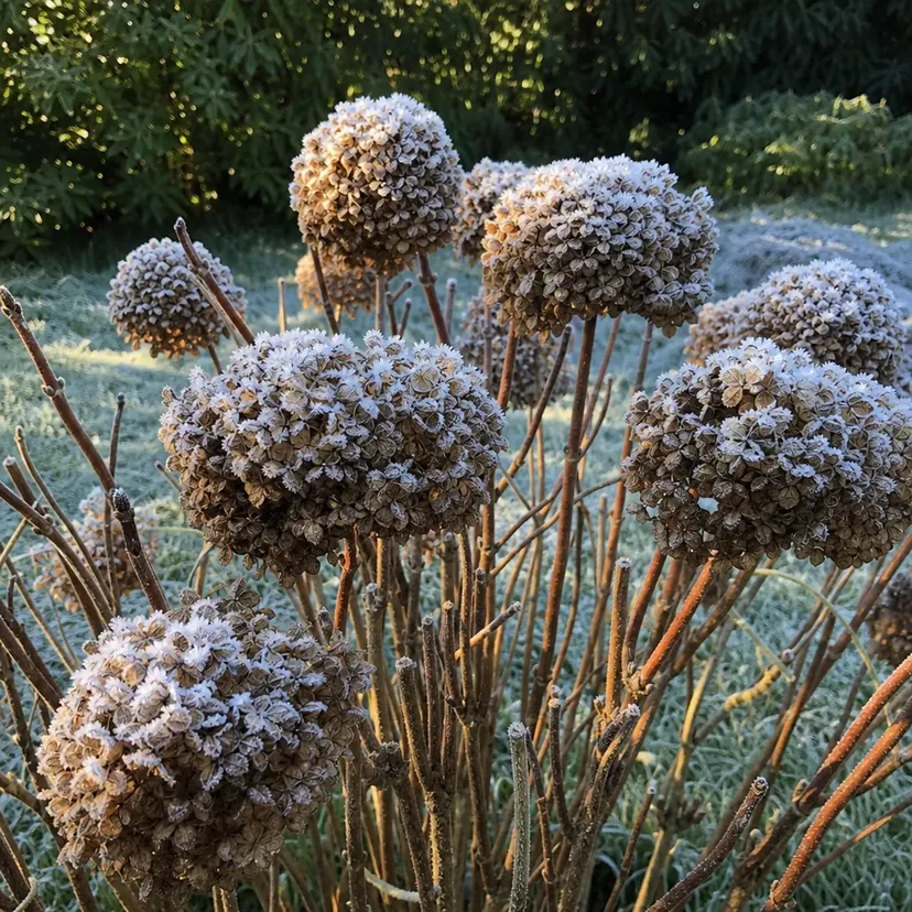 Têtes de fleurs sèches, rondes et brunes d'un hortensia, couvertes de givre, encore portées par des tiges nues et ramifiées, un matin de gelée blanche.