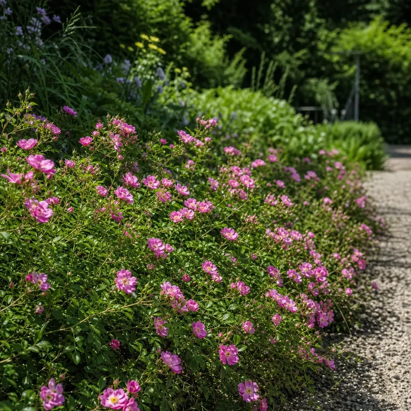 Rosier couvre-sol en fleurs étalé en tapis bas au bord d'une allée de gravier, couvert de petites roses simples roses au cœur jaune, en plein été.