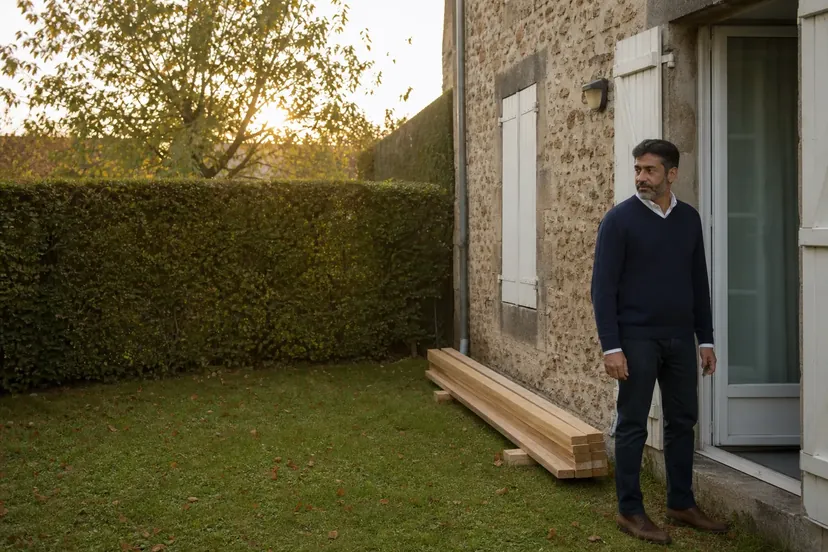 Homme aux cheveux noirs grisonnants et à la barbe courte grise, en pull bleu marine sur une chemise blanche, debout sur la pelouse d'un petit jardin clos près de la porte-fenêtre d'une maison en pierre, une pile de lames de bois neuves posée à côté de lui, en fin de journée d'automne.