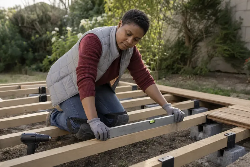 Femme aux cheveux courts, en gilet sans manches gris sur un pull bordeaux, à genoux sur une structure de terrasse en cours de pose, un niveau à bulle posé sur une lambourde, les lambourdes reposant sur des blocs de béton, une visseuse posée au sol.