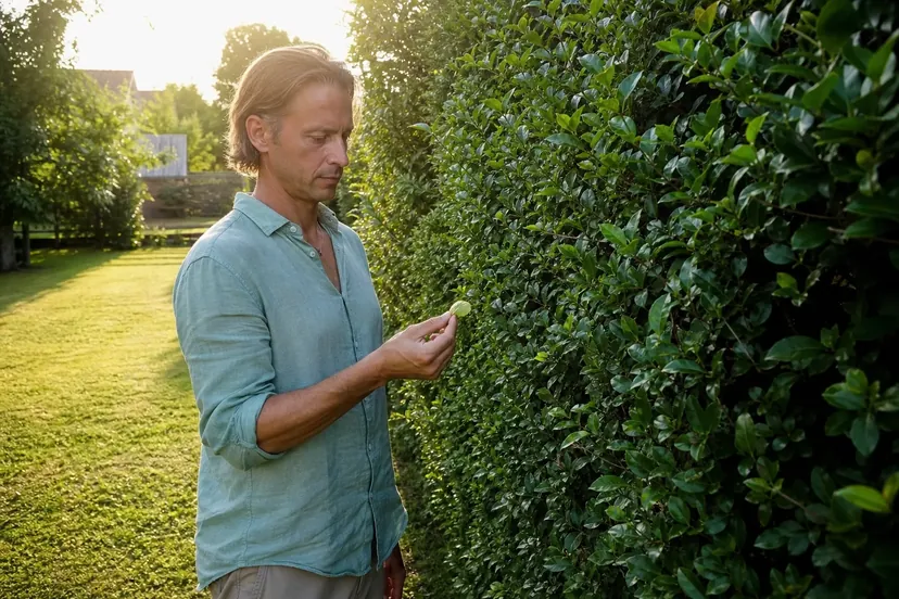 Homme aux cheveux châtain clair mi-longs, en chemise de lin vert d'eau, debout le long d'une haie de troène en fin de journée d'été, qui examine de près une petite feuille tenue entre ses doigts.