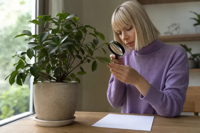 Femme aux cheveux blond platine coupés au carré, en pull à col roulé lavande, assise à une table près d'une fenêtre, qui observe à la loupe une feuille d'un ficus en pot, une feuille de papier blanc posée devant elle.