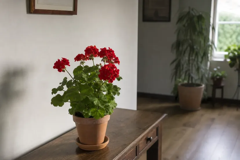 Pélargonium aux fleurs rouges et aux feuilles vertes dans un pot de terre cuite, posé seul sur une console en bois, loin des autres plantes vertes regroupées près d'une fenêtre au fond de la pièce.
